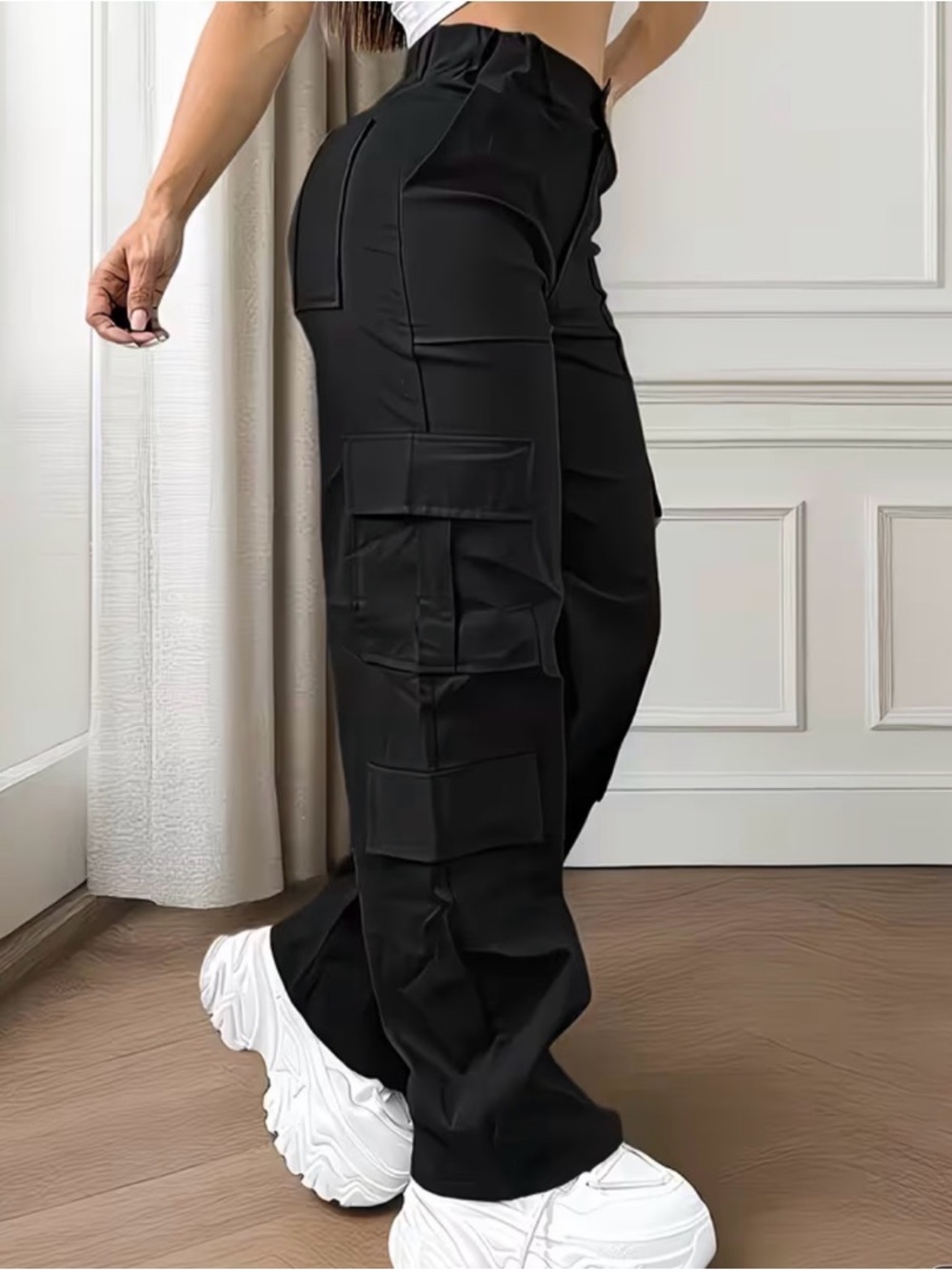 Women's Black Straight-Leg Cargo Pants with Utility Pockets Hiking Street Style